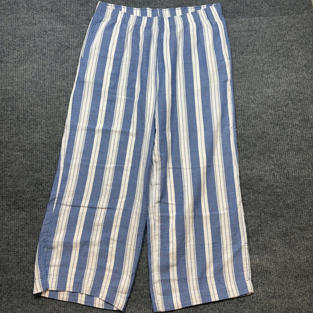 Womens XL Demi Wide Leg Blue White Striped Cotton Crop Pants High Rise Casual - Picture 2 of 14
